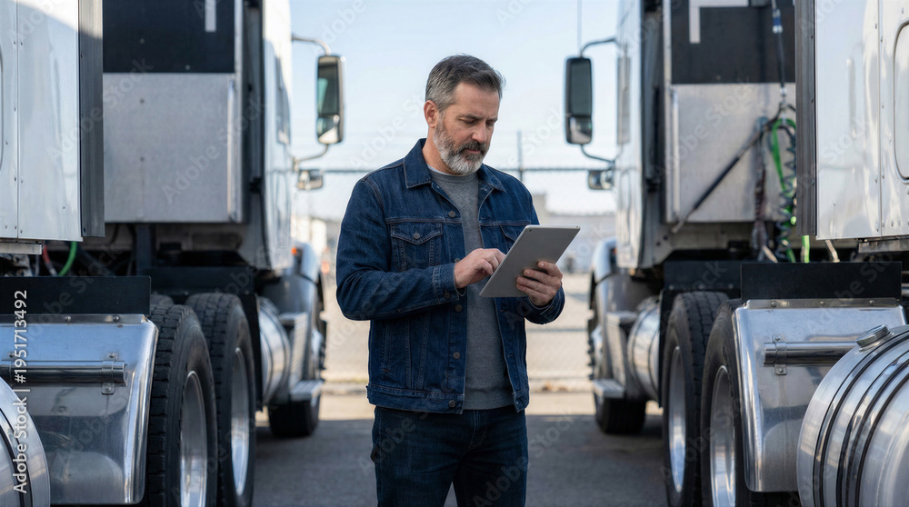 custom made wallpaper toronto digitalProfessional truck driver checking logistics and delivery schedule on digital tablet standing between two semi trucks