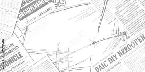Overlapping grey newspaper clippings with bold headlines and scattered ink splatters text print