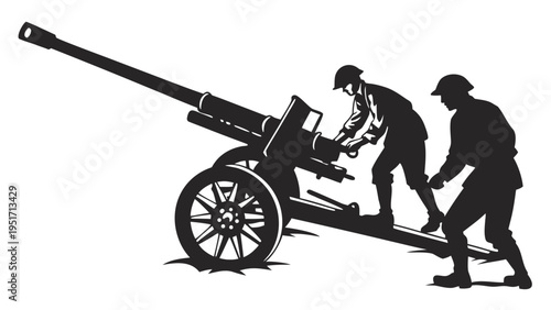 Silhouette of two soldiers operating a vintage artillery cannon pushing and loading black illustration on white background