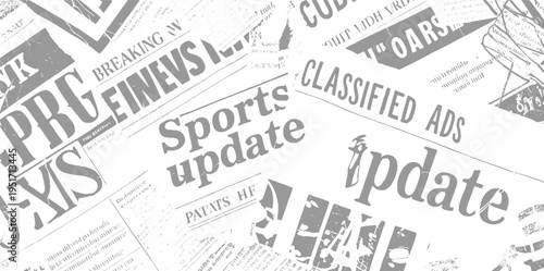 Overlapping grey newspaper headlines and text fragments on white background 2