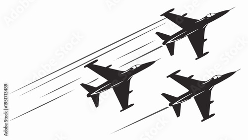 Three black fighter jets flying in formation with motion lines on white background symbolizing speed and military aviation