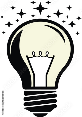 Glowing light bulb with filament inside, surrounded by twinkling stars, symbolizing idea generation and creativity, bright concept.