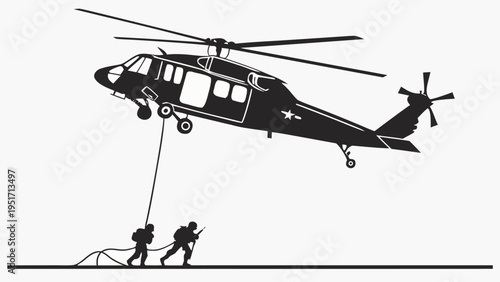 Military helicopter lifting soldiers with ropes in a rescue operation at night