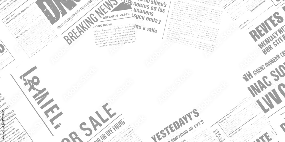 Obraz premium Overlapping grey newspaper headlines and text fragments on white background breaking 1