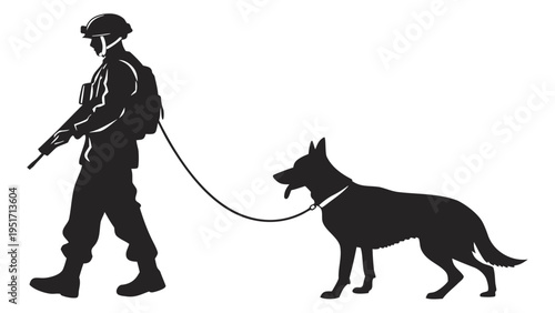 Military soldier with gun walks dog on leash black silhouette against white background symbolizing security protection and loyalty