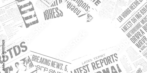 Overlapping grey newspaper clippings with headlines and text fragments on white background print