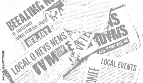 Overlapping grey newspaper headlines and text on white background with distressed effect print