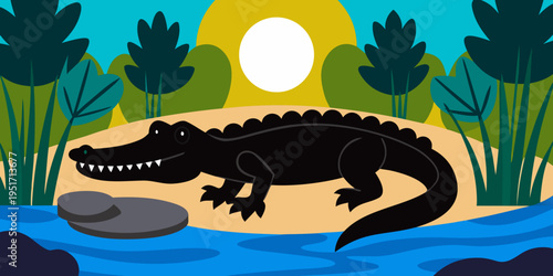 Alligator silhouette in swamp landscape vector graphic nature scene art