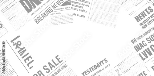 Overlapping grey newspaper headlines and text fragments on white background breaking 1