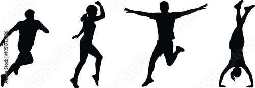 WebRunning silhouettes, jumping figures, leaping posture, athletic movement, dynamic gesture, expressive motion, fitness theme, vector illustration, black silhouette, isolated