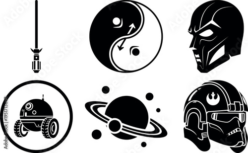 Collection of futuristic and scifi icons including robots helmets and space symbols