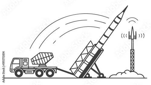 Missile interceptor system launching from truck with radar tower in background defense technology concept