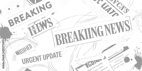 Collage of breaking news headlines and urgent update text in grey on white background with ink splatters and scribbles