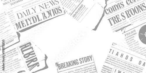 Faded grey newspaper pages with large bold headlines and small text print