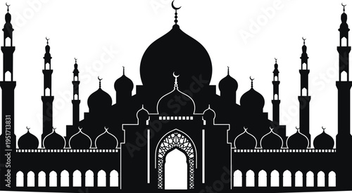 WebMosque silhouette with domes and minarets, Islamic architecture, cultural heritage, religious building, crescent moon details, worship place, community gathering illustration