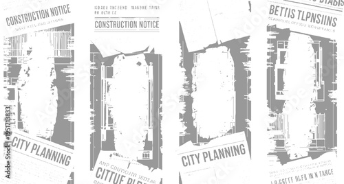 Four grey construction and city planning notices with distressed textures and abstract shapes white