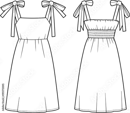 Women bow strap summer dress template, sleeveless midi dress front and back technical fashion drawing – cad drawing flat vector illustration