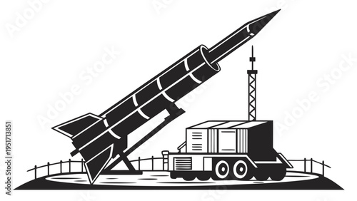 Mobile missile launcher system with a raised rocket silo industrial military technology illustration