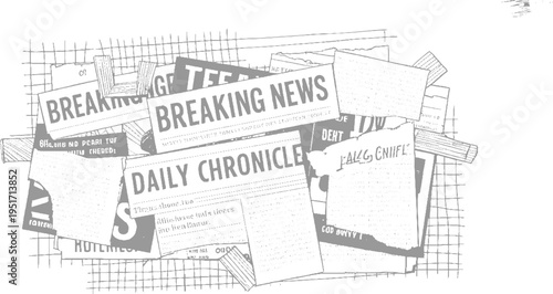 Stack of torn grey newspapers with headlines and text in a collage style breaking daily chronicle