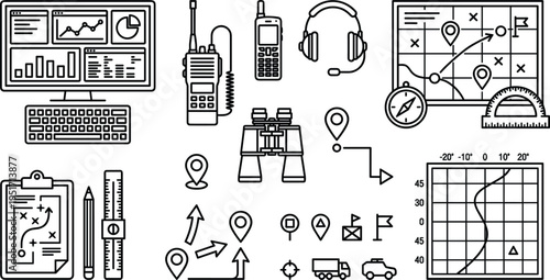 Navigation and Strategy Line Icons Set with Map, GPS, Radar, Communication and Planning Tools