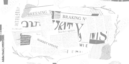 Overlapping newspaper clippings with large text headlines and decorative floral vintage