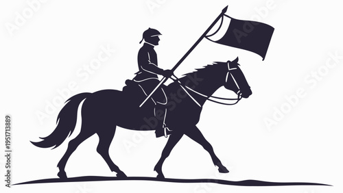 Mounted cavalry silhouette riding horse with flag on white background symbolizing power and freedom