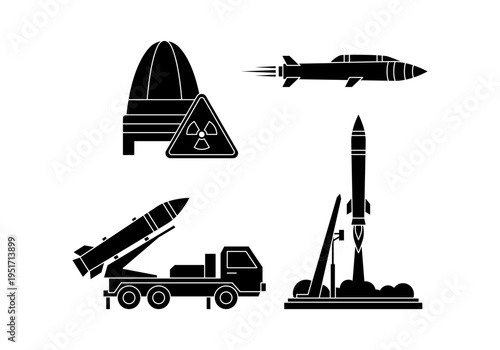 Missile launcher truck and rocket weapon system icon set for military defense technology concept