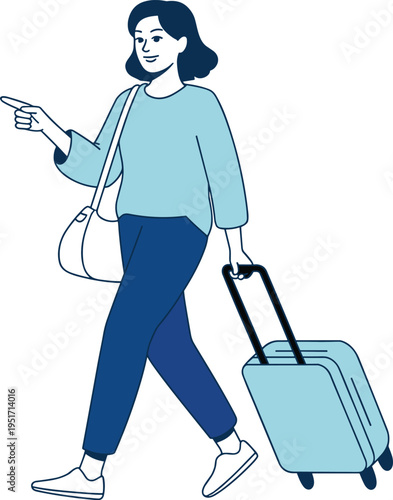 Young woman walking with suitcase travel concept, vacation journey lifestyle, female traveler carrying luggage, tourism illustration, flat design character isolated