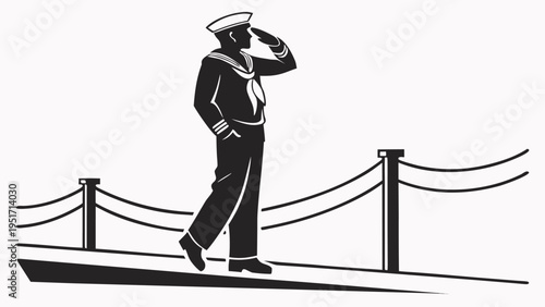 Navy sailor saluting in silhouette on dock with rope fencing naval officer in uniform