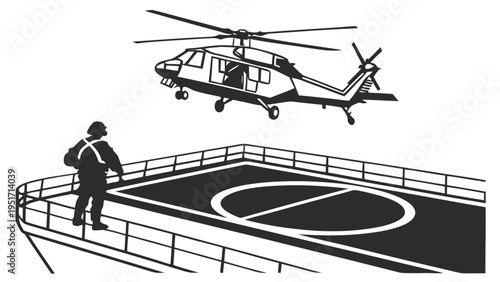 Navy helicopter landing silhouette on ship deck with soldier