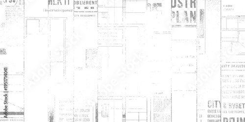 Collage of newspaper clippings with architectural diagrams and text in grayscale typography
