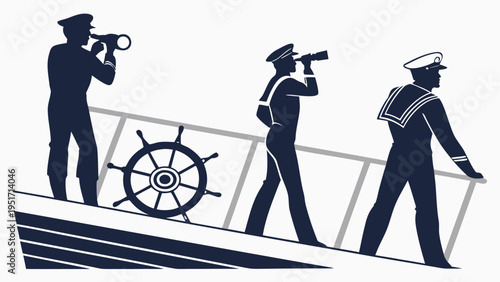 Navy bridge crew in silhouette on ship deck with binoculars and steering wheel maritime navigation team in action