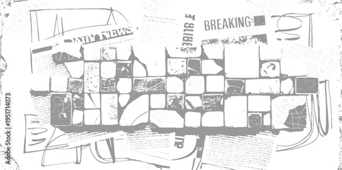Grey newspaper clippings and text fragments arranged abstractly with a breaking news headline white