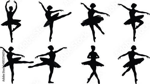 Elegant ballet dancer silhouettes in classical poses with tutus showcasing arabesque, pirouette, plié movements for dance art
