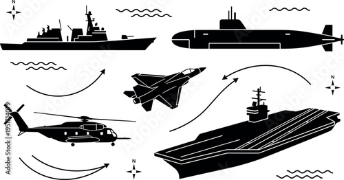 Military Navy and Air Force Silhouettes Set with Warship, Submarine, Jet, Helicopter and Carrier