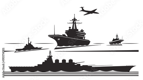 Navy fleet silhouette panorama with warships and aircraft in ocean landscape naval military illustration
