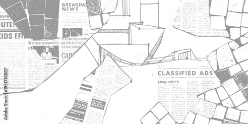 Fragmented newspaper pages with breaking news and classified ads in grayscale