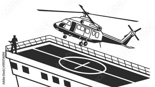 Navy helicopter landing on ship deck silhouette illustration