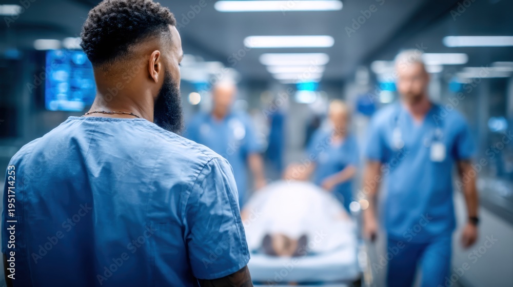 Fototapeta premium Emergency Room Team Transporting Patient on Gurney: Fast-Paced Hospital Environment with Medical Professionals