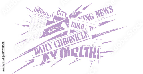Overlapping purple newspaper headlines and text fragments on white background print