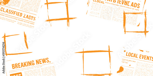 Orange ink newspaper clippings with brush stroke frames and headlines like breaking news classified ads and local events