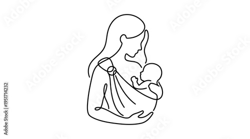 Mom with Baby in Sling Continuous Single Line Minimalist Motherhood Bond Line Art Illustration