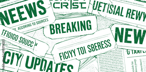 Overlapping green newspaper headlines and text fragments on white background breaking updates crisis