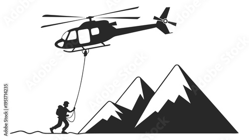 Search and rescue helicopter hoisting a person to safety from mountain peak with snowy landscape