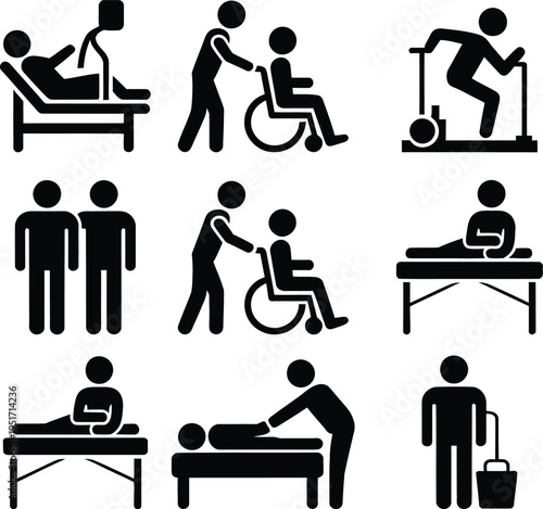Illustrations depicting various medical and healthcare assistance activities