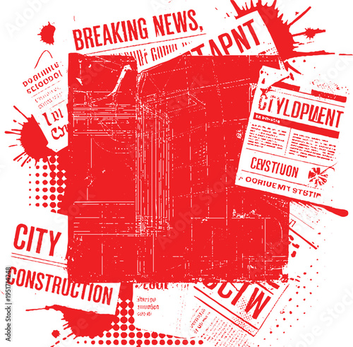 Red ink splatters and distressed newspaper headlines about city construction and breaking news