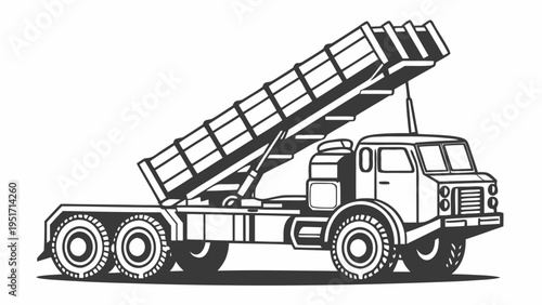Vector silhouette of a rocket artillery launcher on a truck with raised missile platform