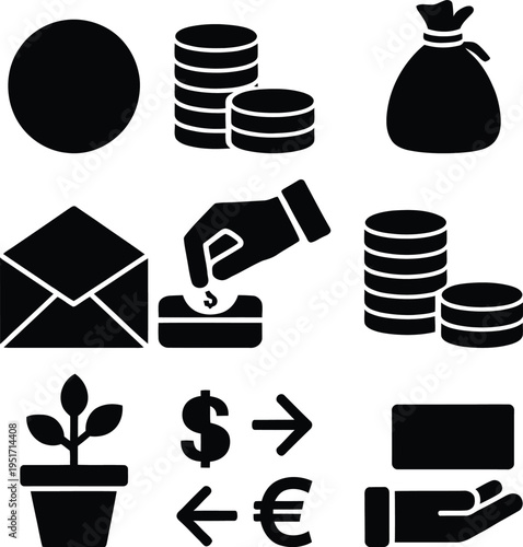 Iconography representing financial transactions, investments, and economic activities
