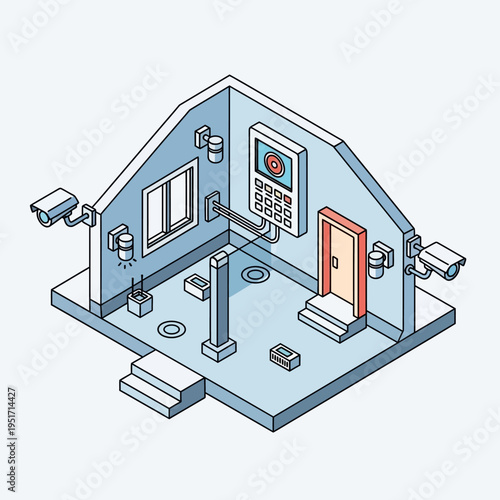 Isometric illustration of a house interior with security cameras and alarm system.