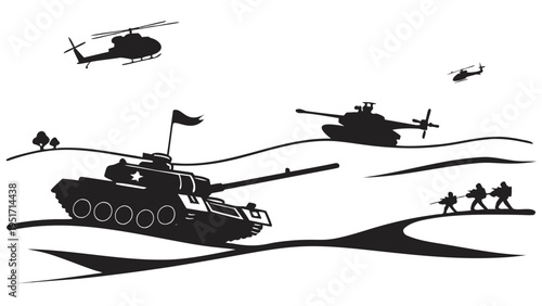 Military operation desert landscape silhouette illustration with tanks helicopters and soldiers